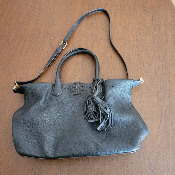 Tory Burch Mcgraw Pebbled Leather Shoulder Black Tote Bag - Picture 1 of 11